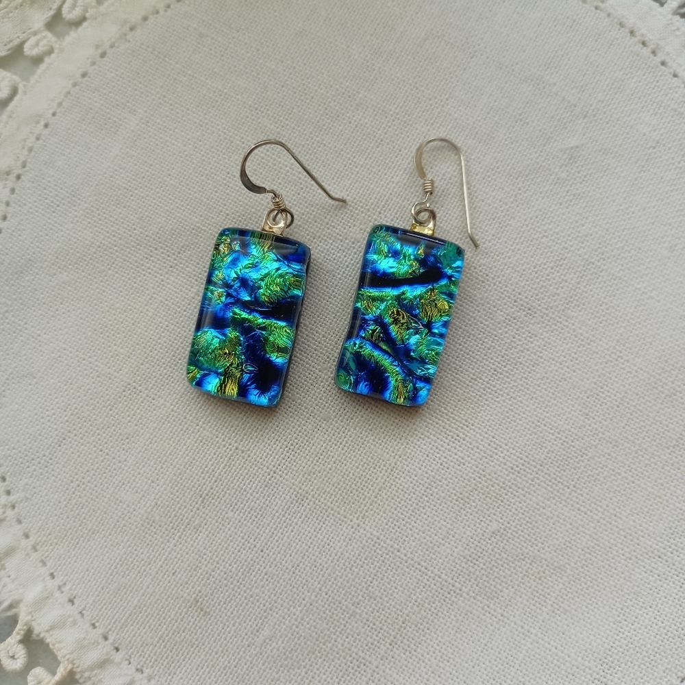 Blue Green Artisan handcrafted silver dichroic glass fused glass 925 earrings